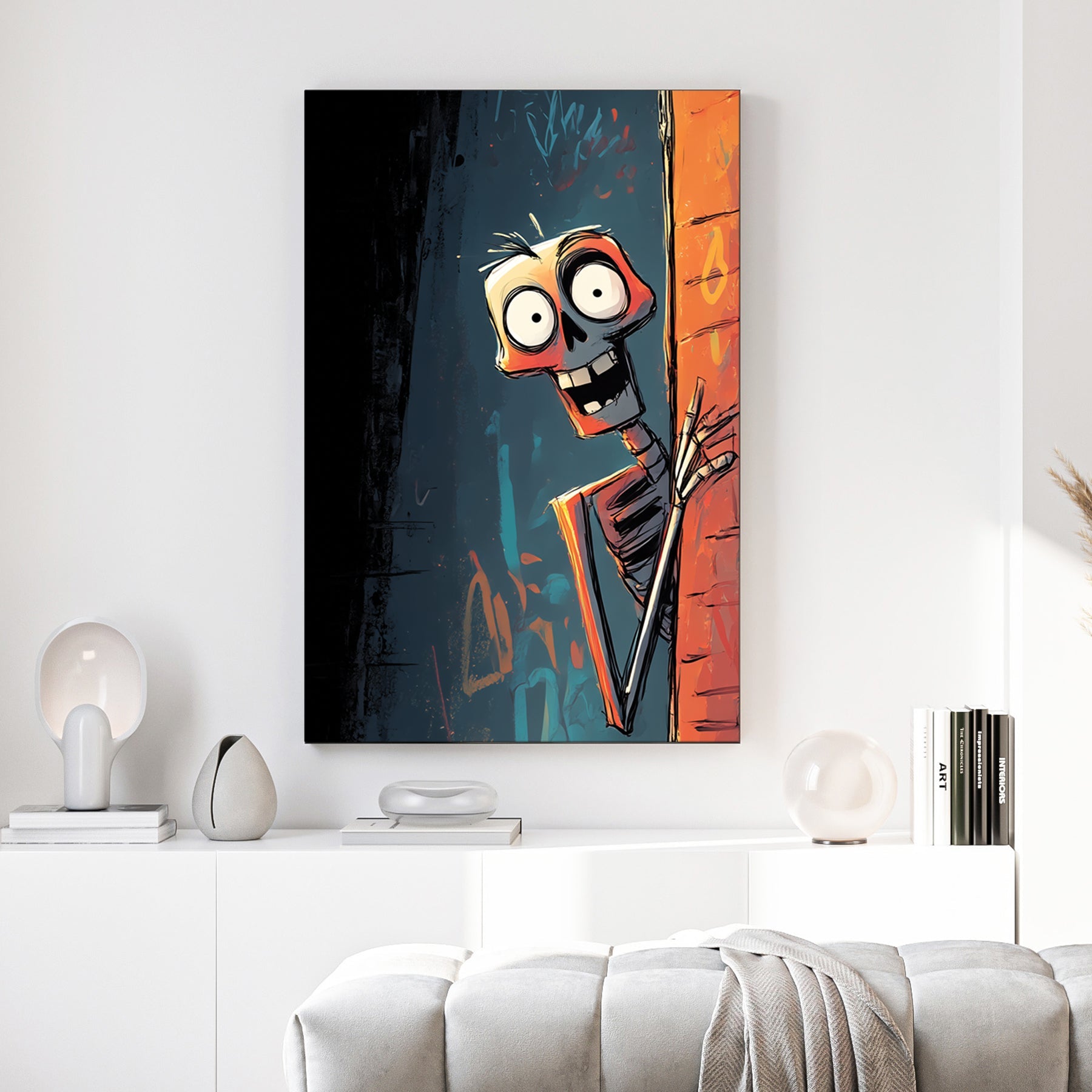 graffiti style skeleton wall art peeking from alley with dark urban background
