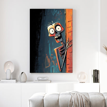 graffiti style skeleton wall art peeking from alley with dark urban background