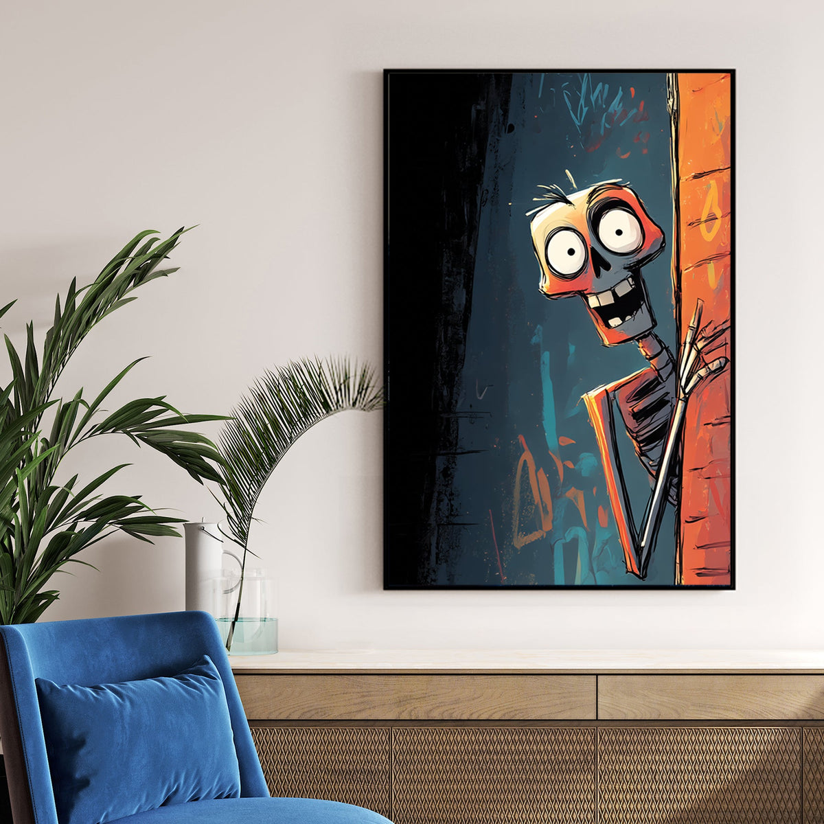 graffiti style skeleton wall art peeking from alley with dark urban background