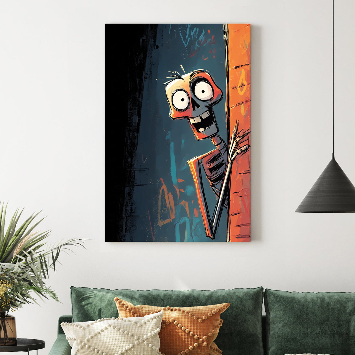 graffiti style skeleton wall art peeking from alley with dark urban background