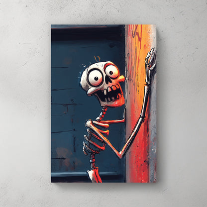 graffiti style skeleton wall art gripping alley wall with dramatic orange lighting