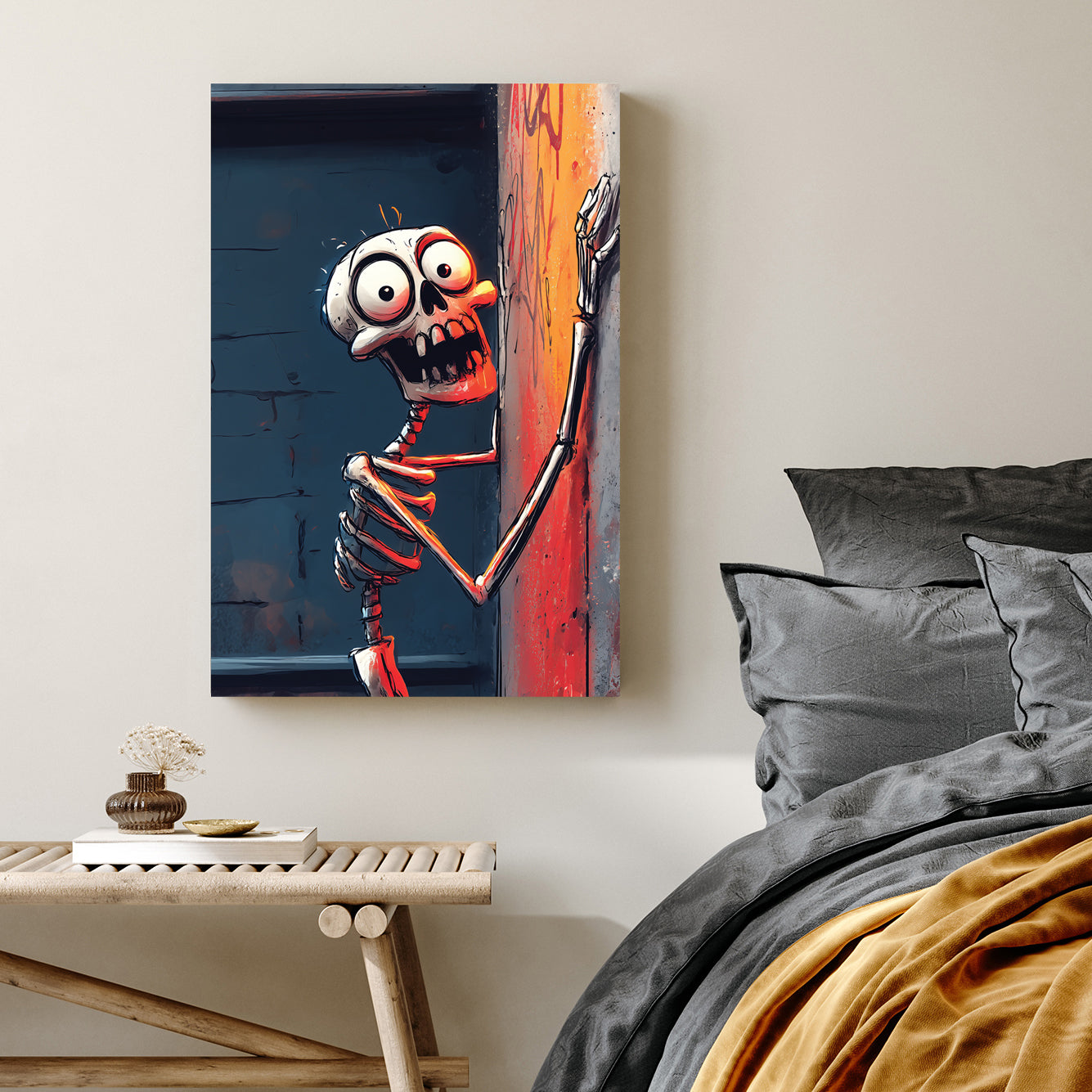 graffiti style skeleton wall art gripping alley wall with dramatic orange lighting
