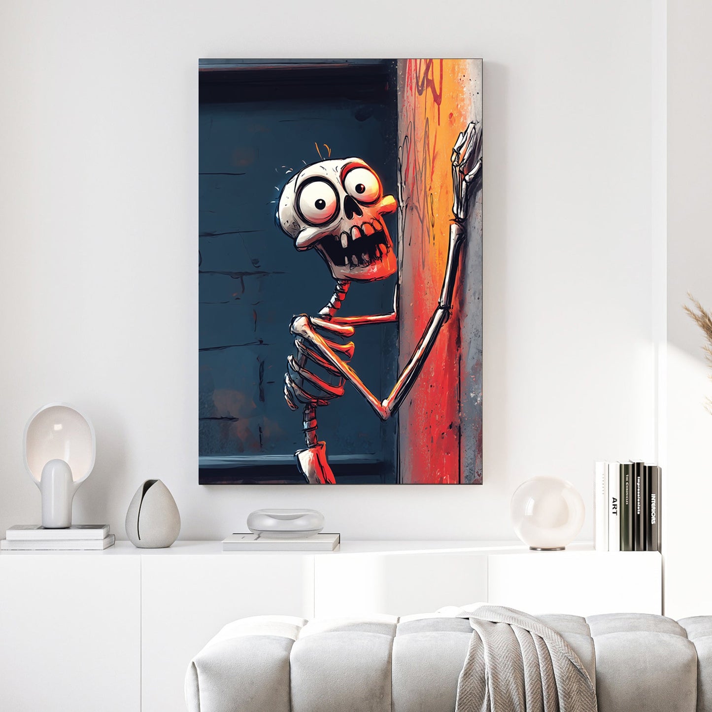 graffiti style skeleton wall art gripping alley wall with dramatic orange lighting