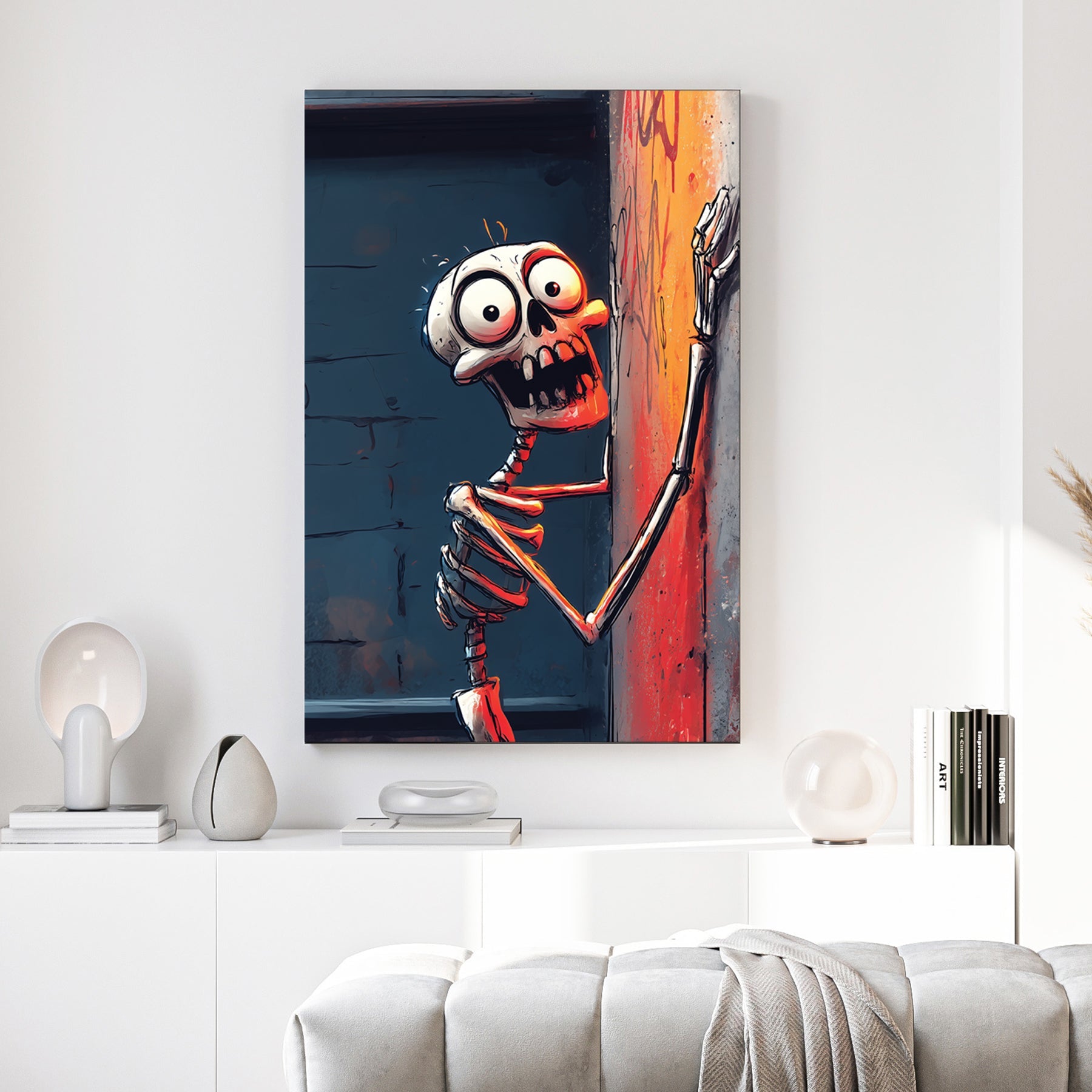 graffiti style skeleton wall art gripping alley wall with dramatic orange lighting