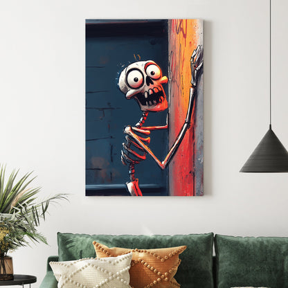 graffiti style skeleton wall art gripping alley wall with dramatic orange lighting