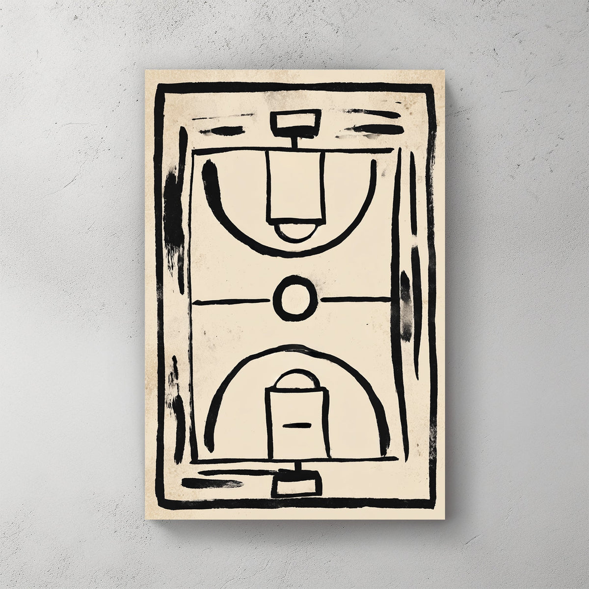 minimalist basketball court wall art with black brushstroke lines on textured beige background