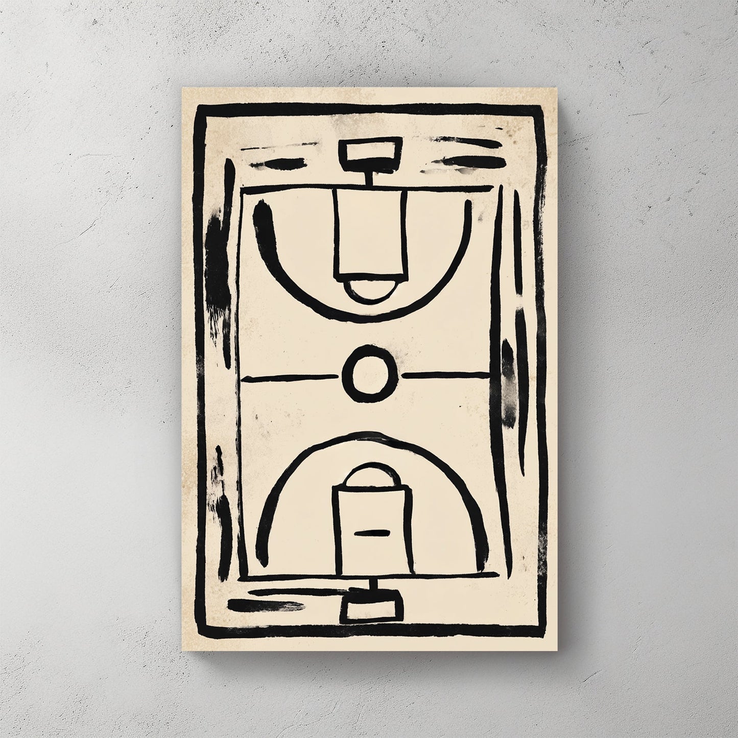 minimalist basketball court wall art with black brushstroke lines on textured beige background