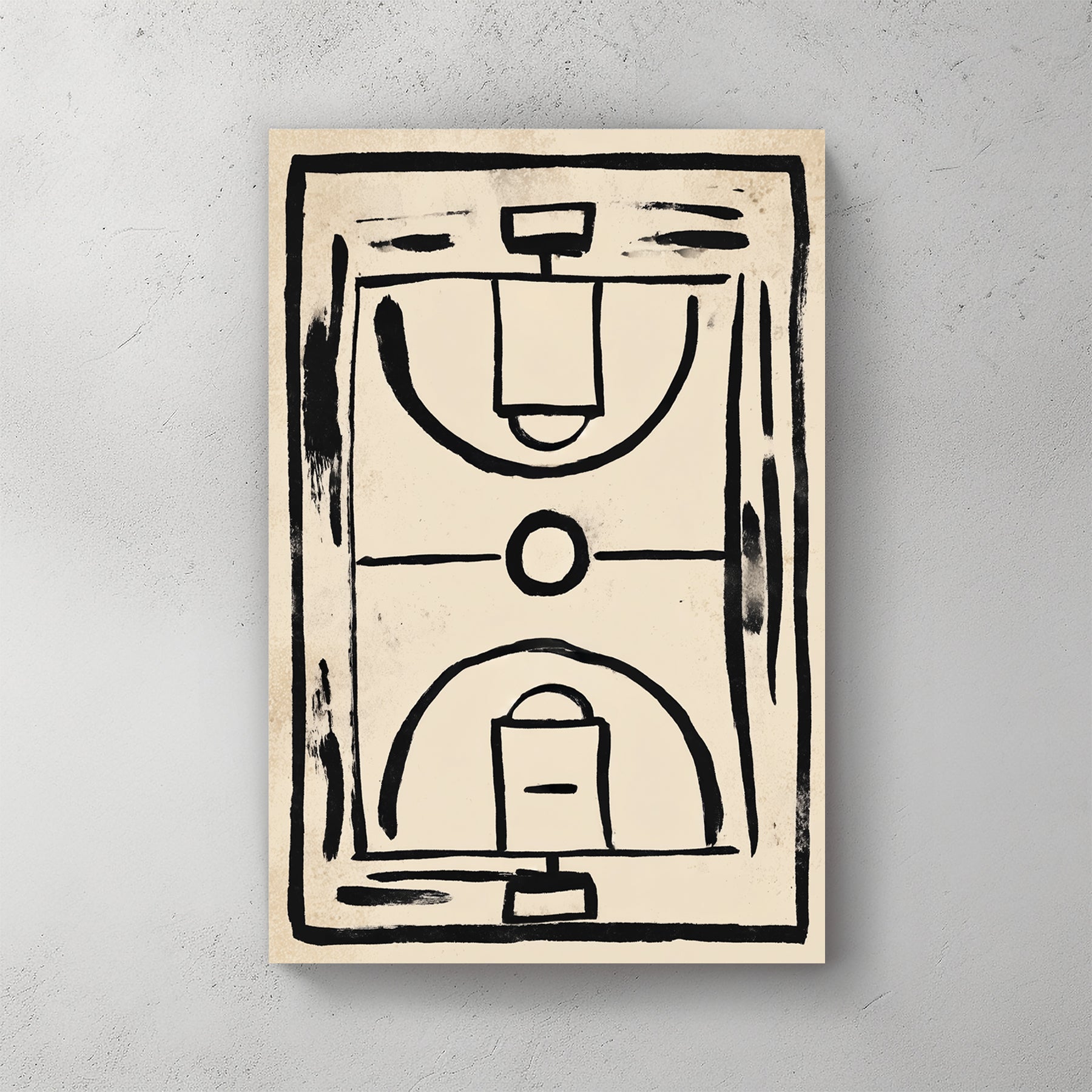 minimalist basketball court wall art with black brushstroke lines on textured beige background