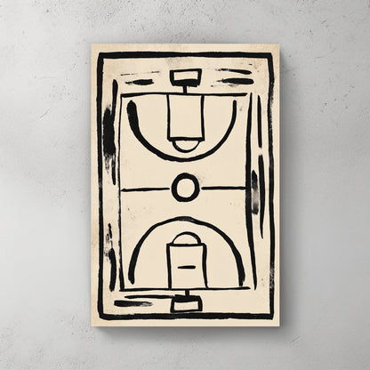 minimalist basketball court wall art with black brushstroke lines on textured beige background