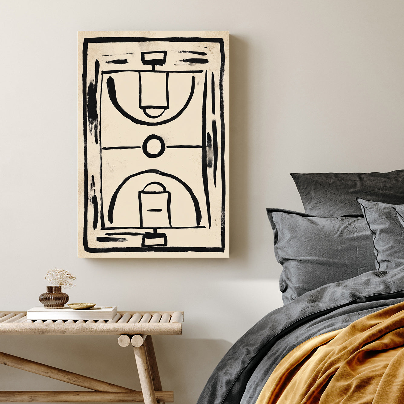 minimalist basketball court wall art with black brushstroke lines on textured beige background