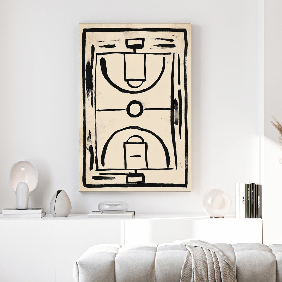 minimalist basketball court wall art with black brushstroke lines on textured beige background