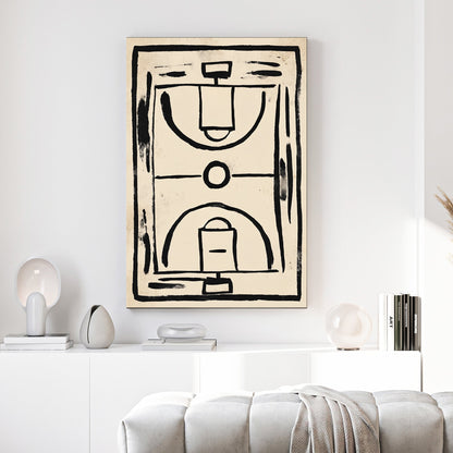 minimalist basketball court wall art with black brushstroke lines on textured beige background