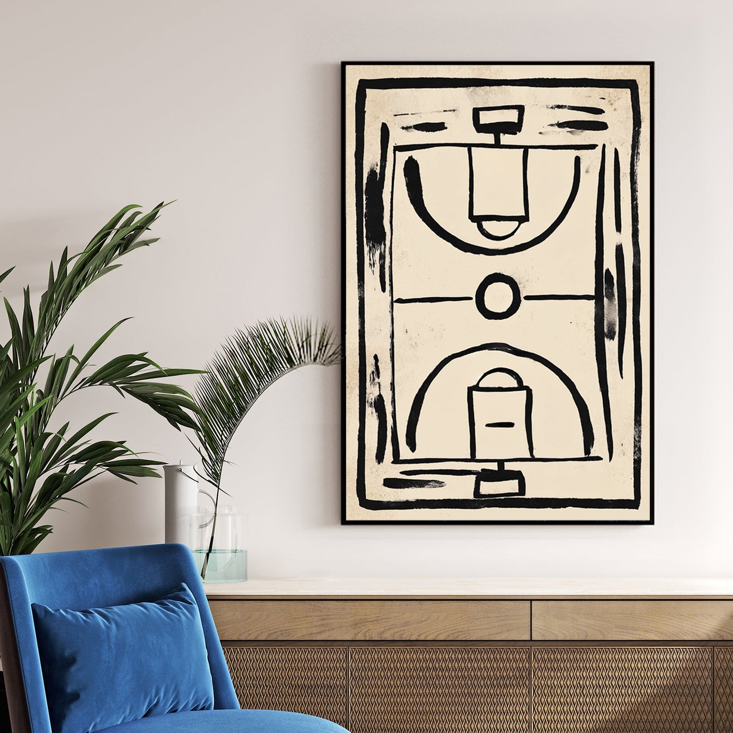minimalist basketball court wall art with black brushstroke lines on textured beige background
