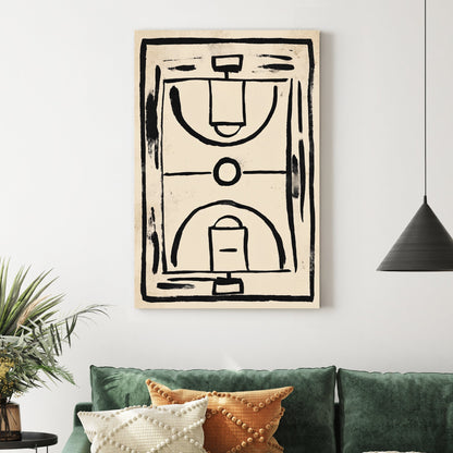 minimalist basketball court wall art with black brushstroke lines on textured beige background