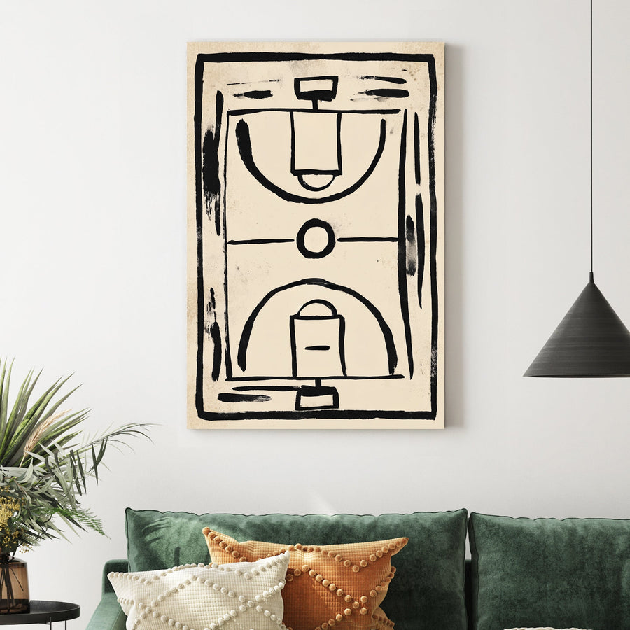minimalist basketball court wall art with black brushstroke lines on textured beige background