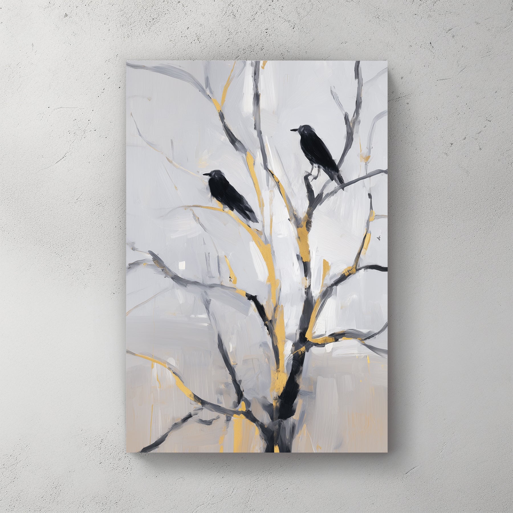 modern crow wall art with black birds on gold accented branches against a soft grey background