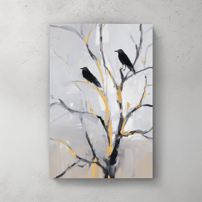 modern crow wall art with black birds on gold accented branches against a soft grey background