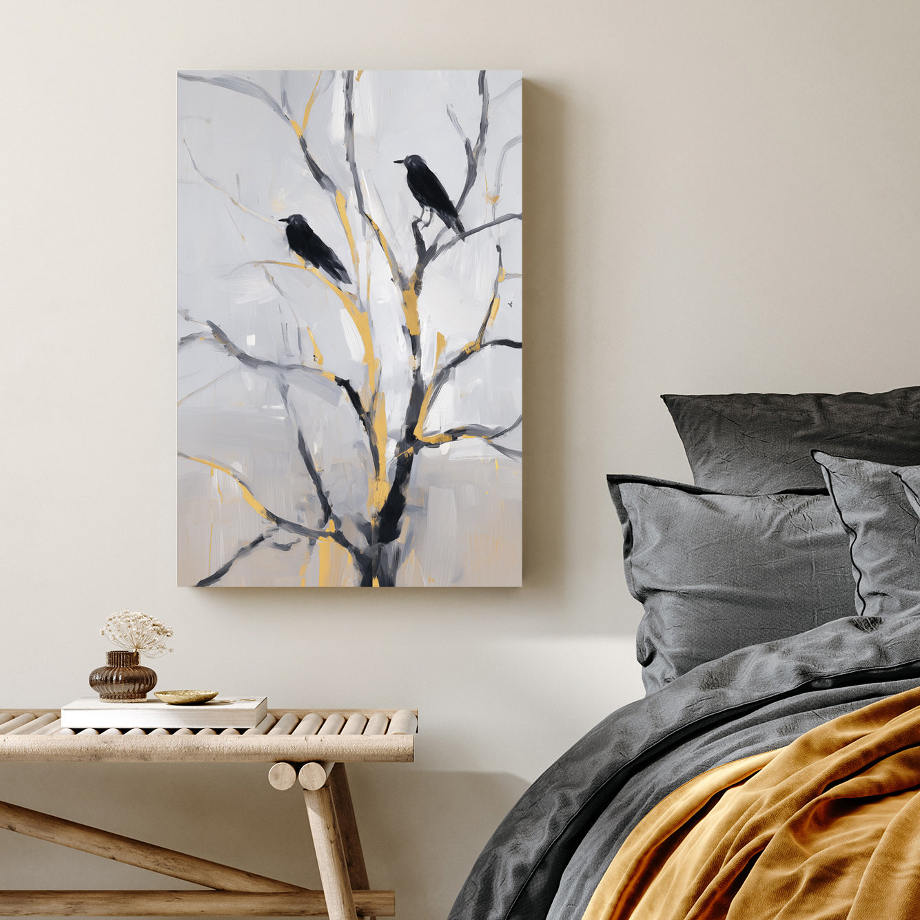 modern crow wall art with black birds on gold accented branches against a soft grey background