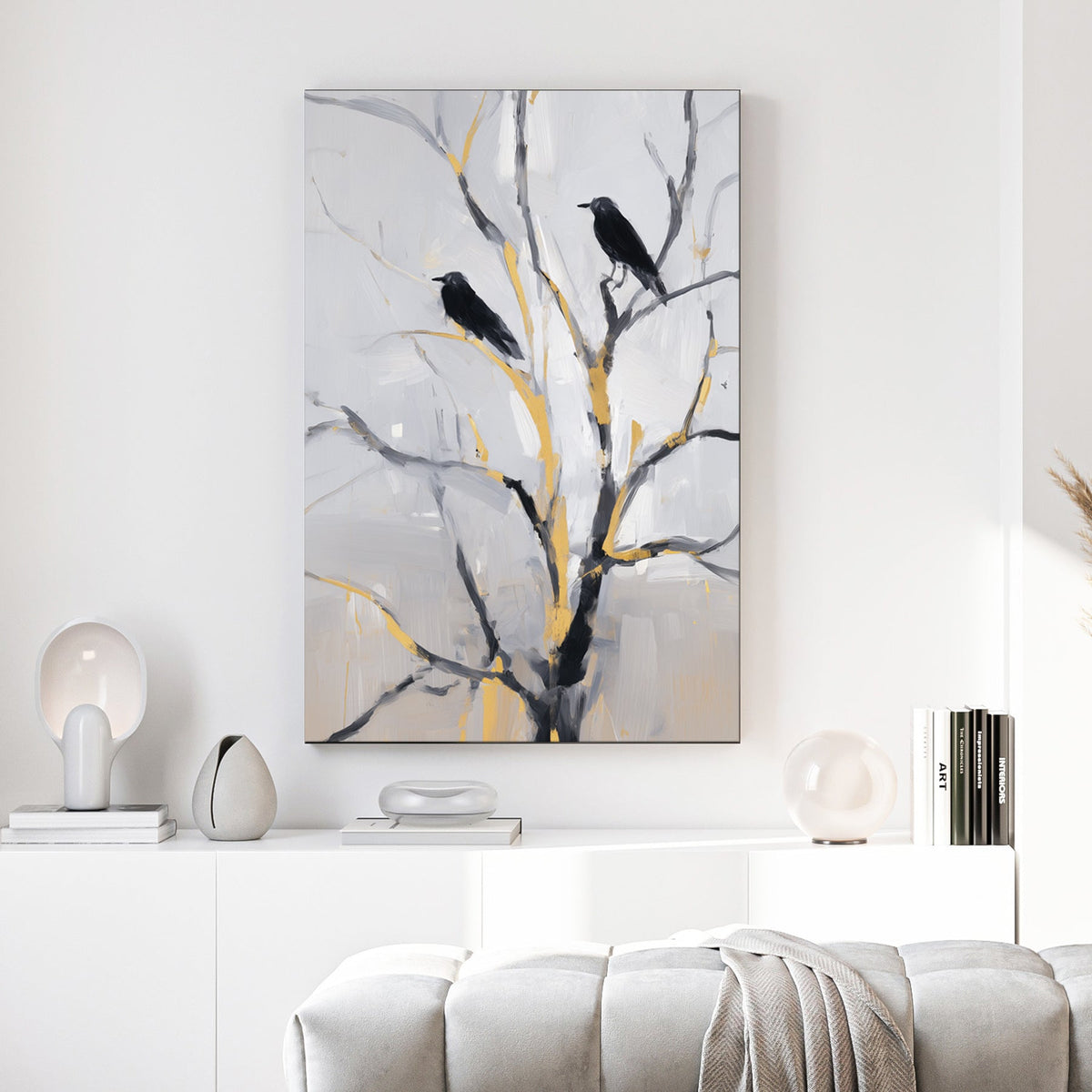 modern crow wall art with black birds on gold accented branches against a soft grey background