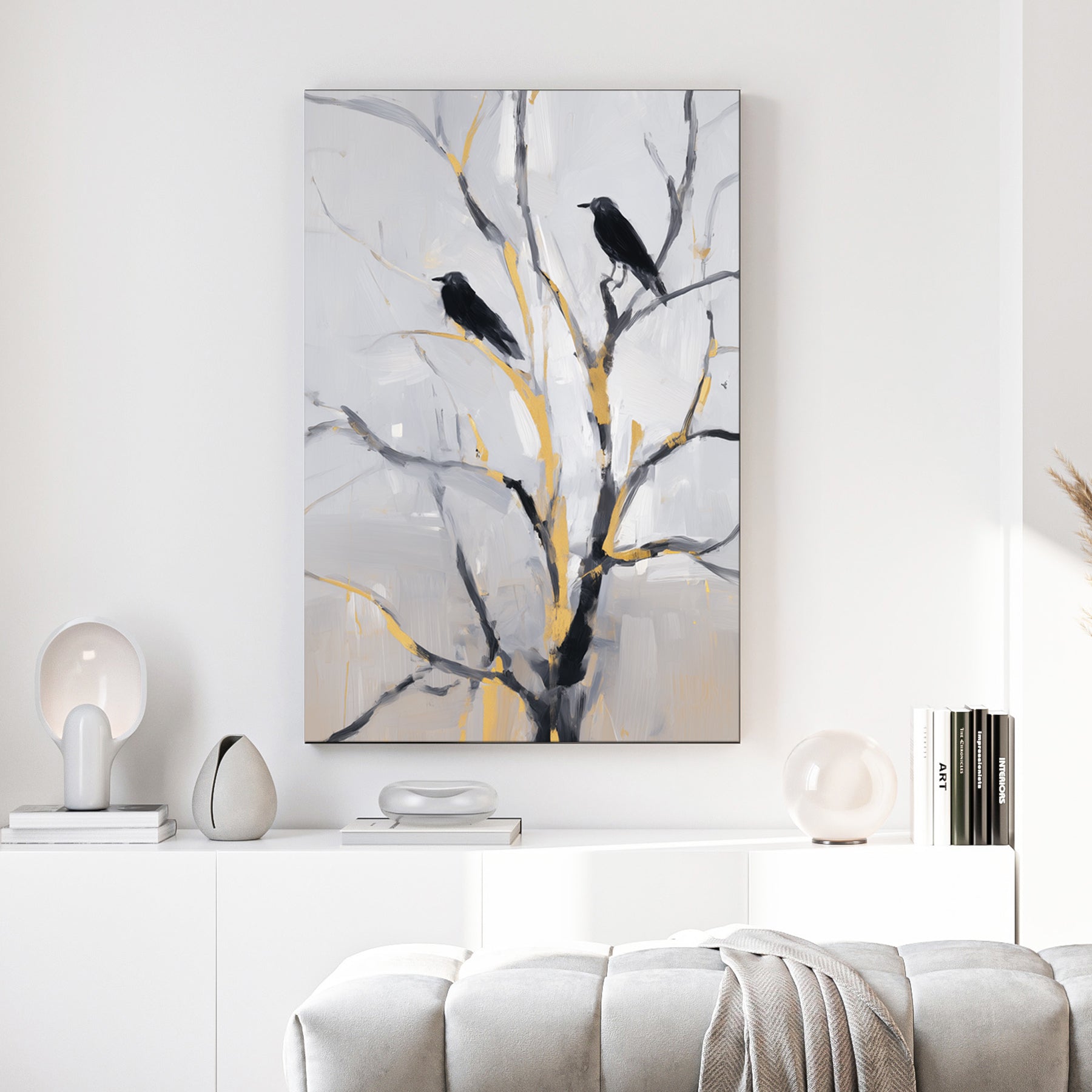 modern crow wall art with black birds on gold accented branches against a soft grey background