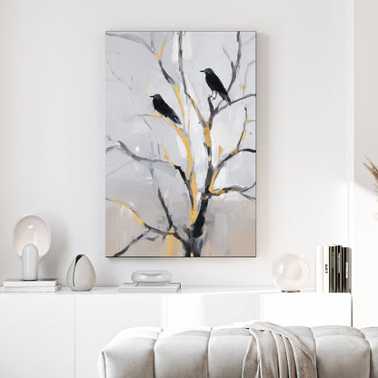 modern crow wall art with black birds on gold accented branches against a soft grey background