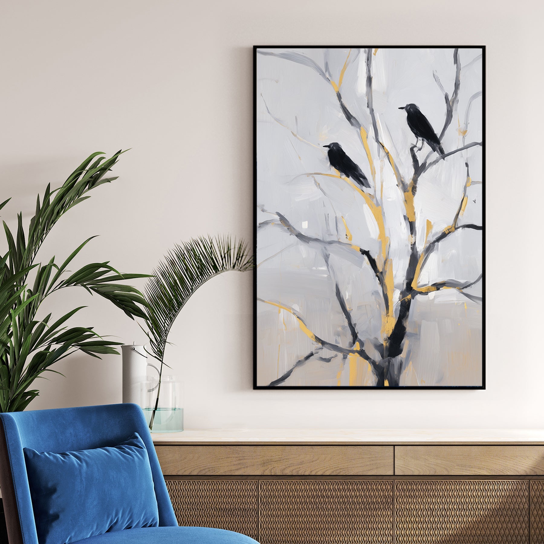 modern crow wall art with black birds on gold accented branches against a soft grey background