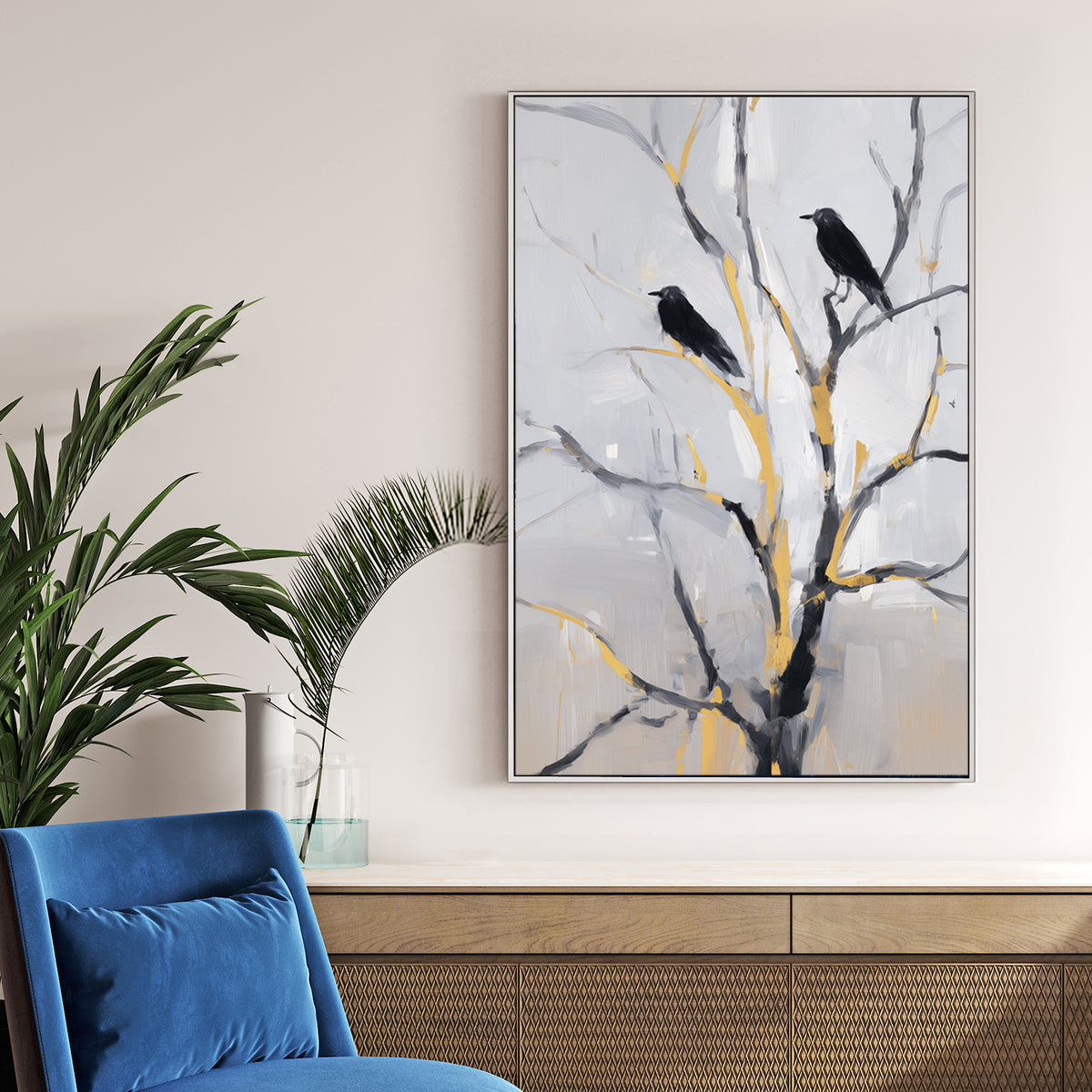 modern crow wall art with black birds on gold accented branches against a soft grey background