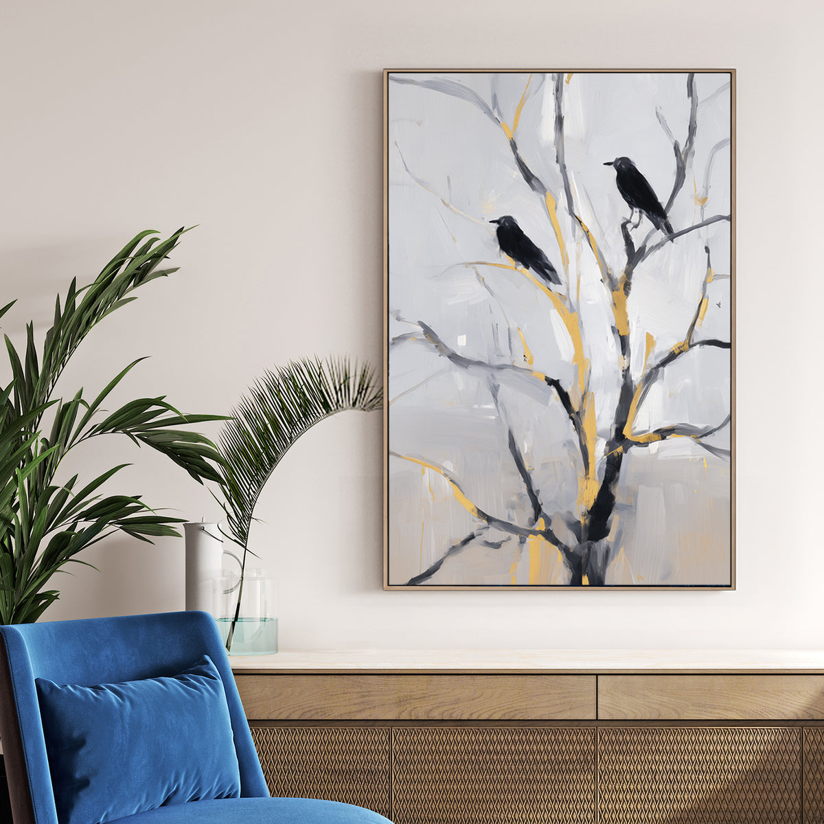 modern crow wall art with black birds on gold accented branches against a soft grey background