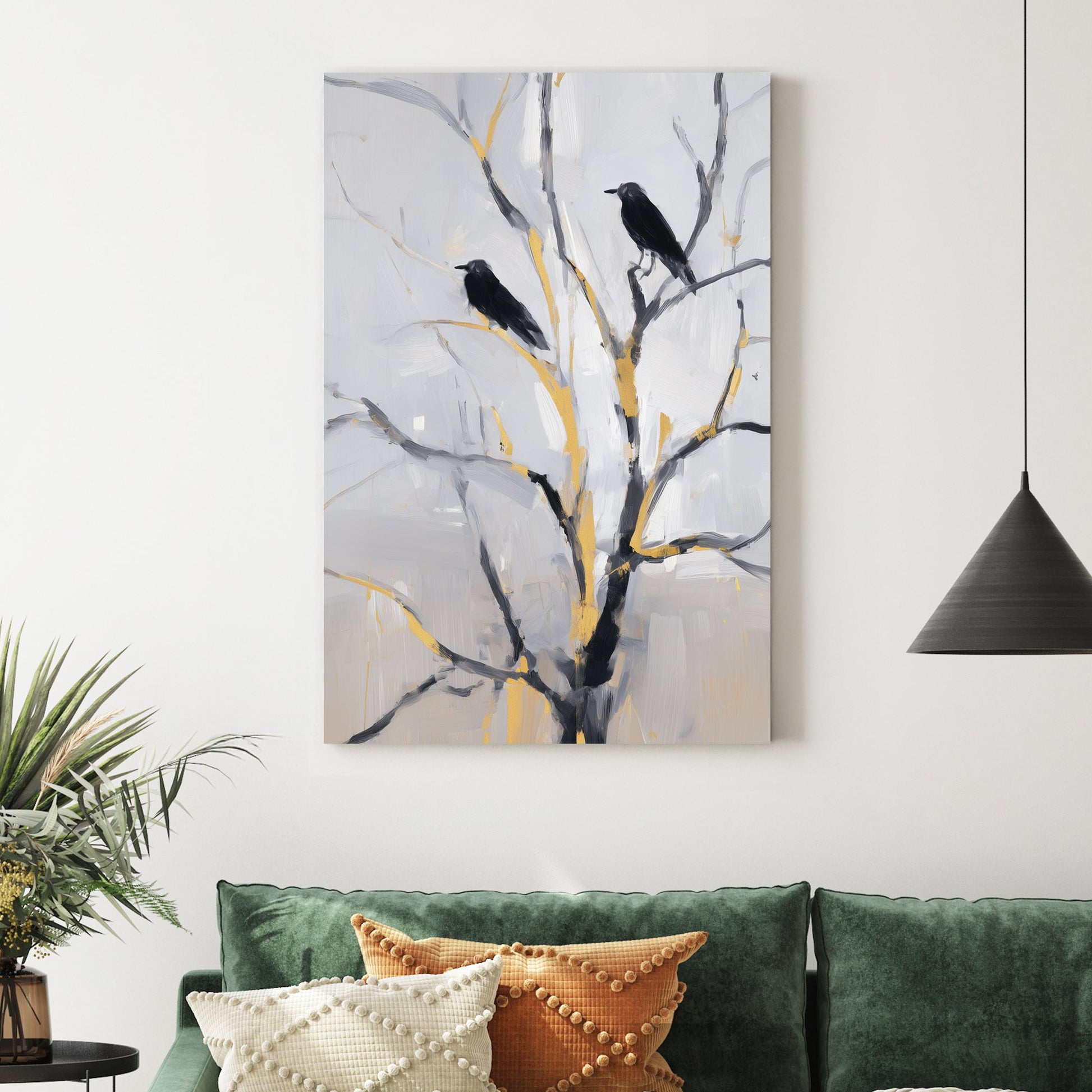 modern crow wall art with black birds on gold accented branches against a soft grey background
