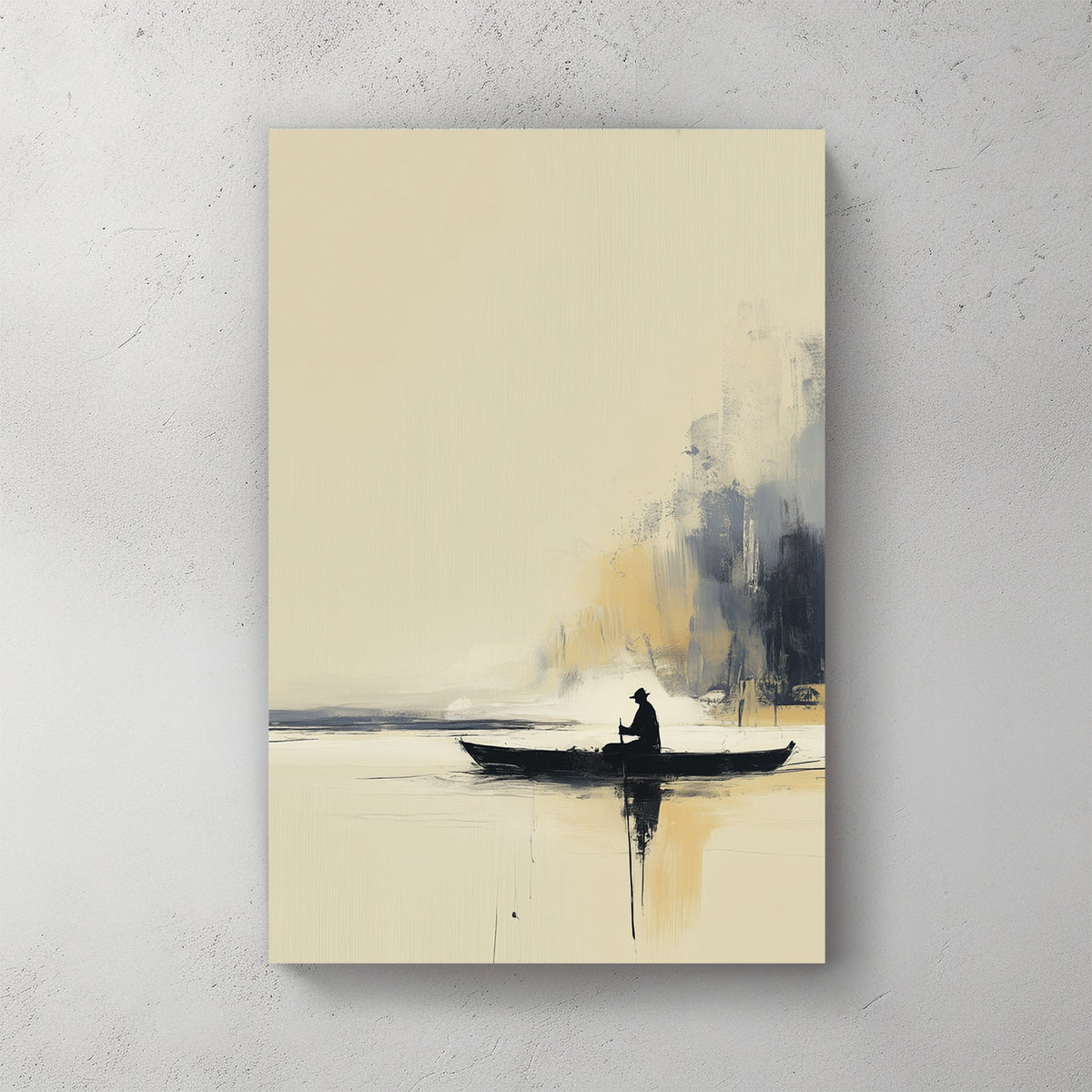 minimal lake boat wall art with lone figure paddling on calm water against a misty golden backdrop