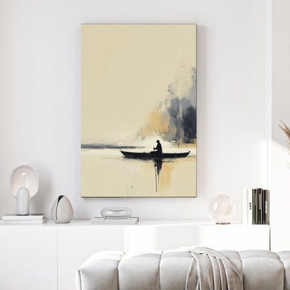 minimal lake boat wall art with lone figure paddling on calm water against a misty golden backdrop