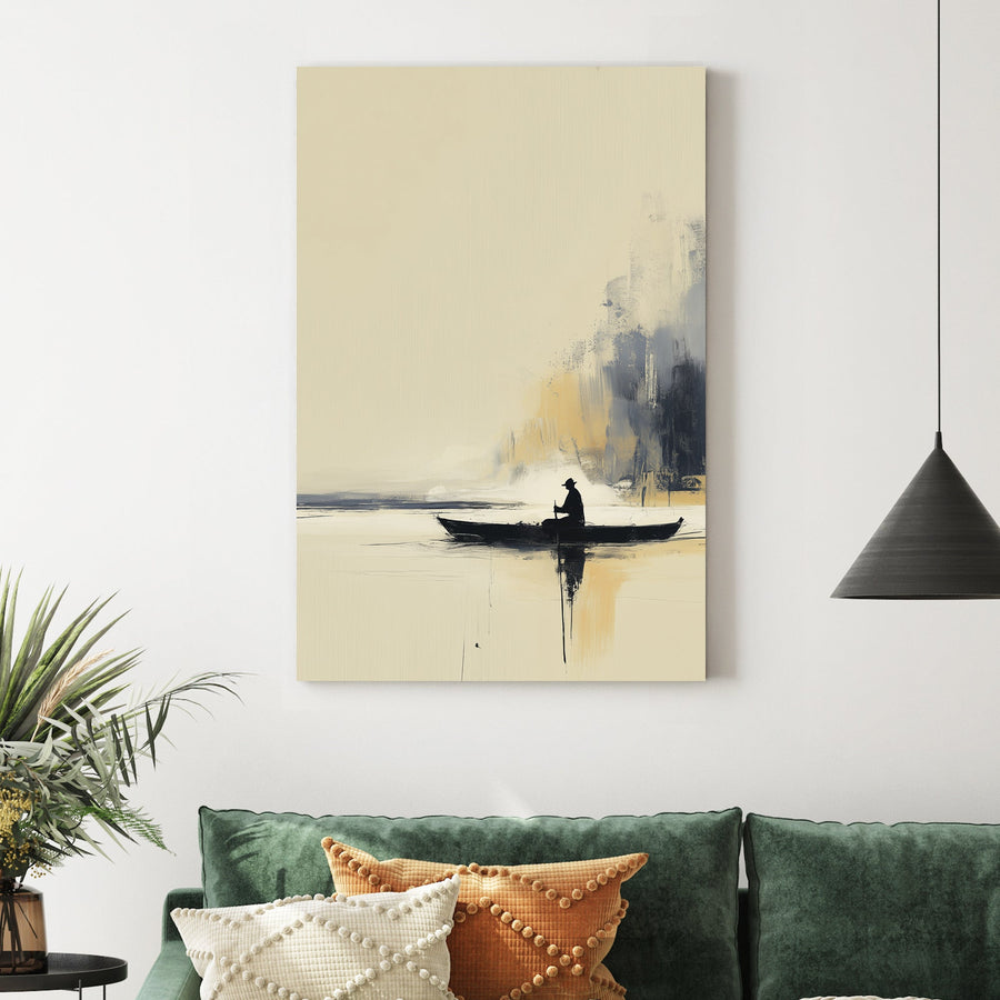 minimal lake boat wall art with lone figure paddling on calm water against a misty golden backdrop