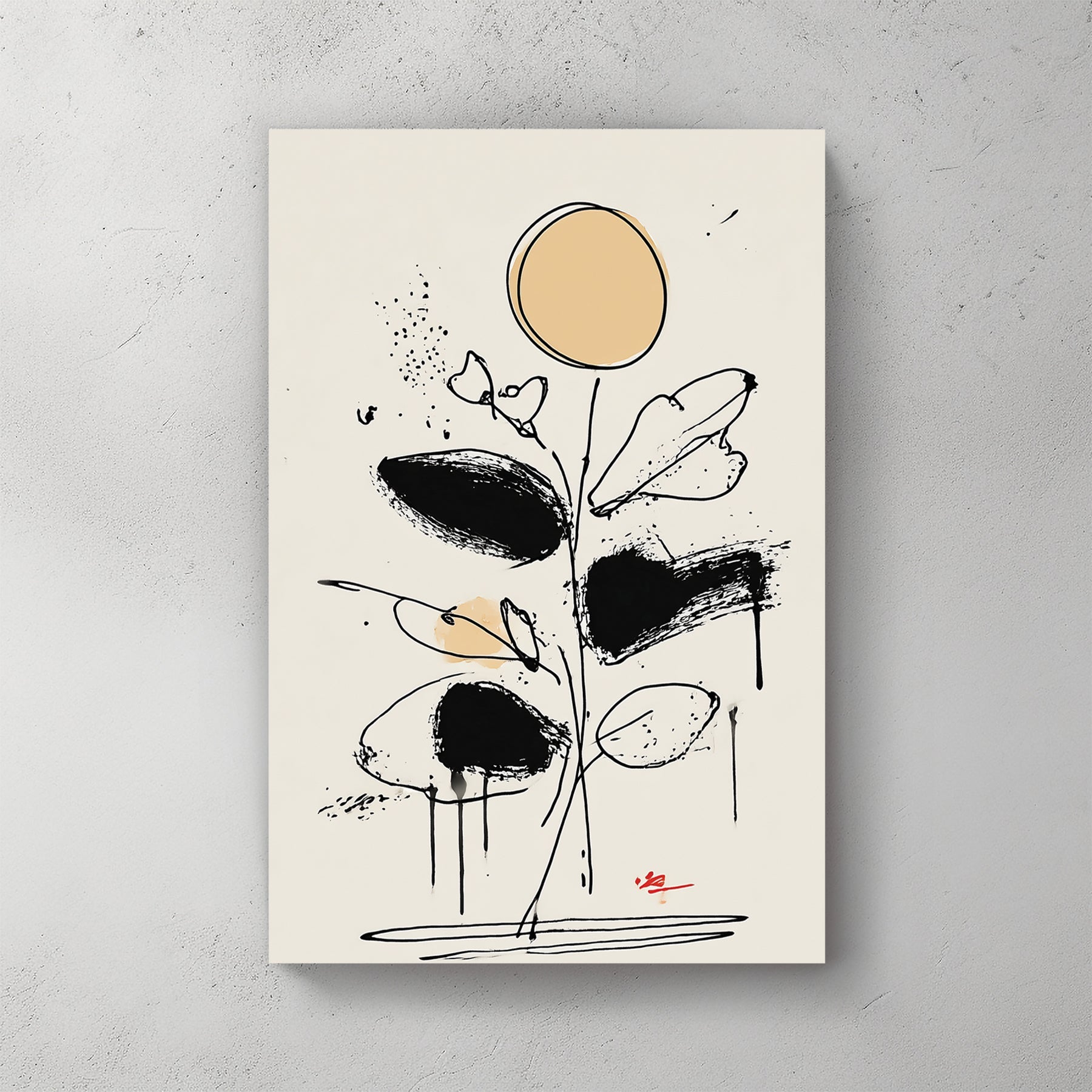 abstract floral line drawing wall art with black brushstrokes and beige accents