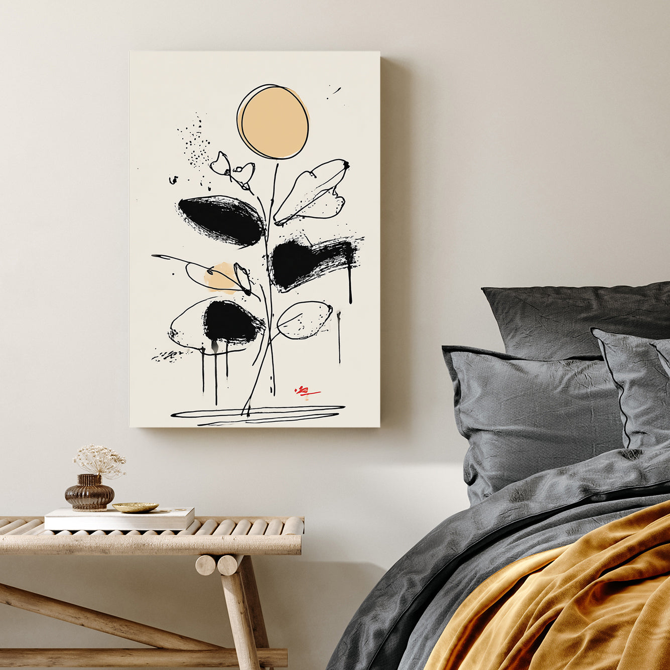 abstract floral line drawing wall art with black brushstrokes and beige accents