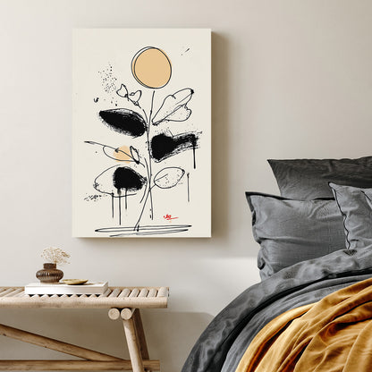 abstract floral line drawing wall art with black brushstrokes and beige accents