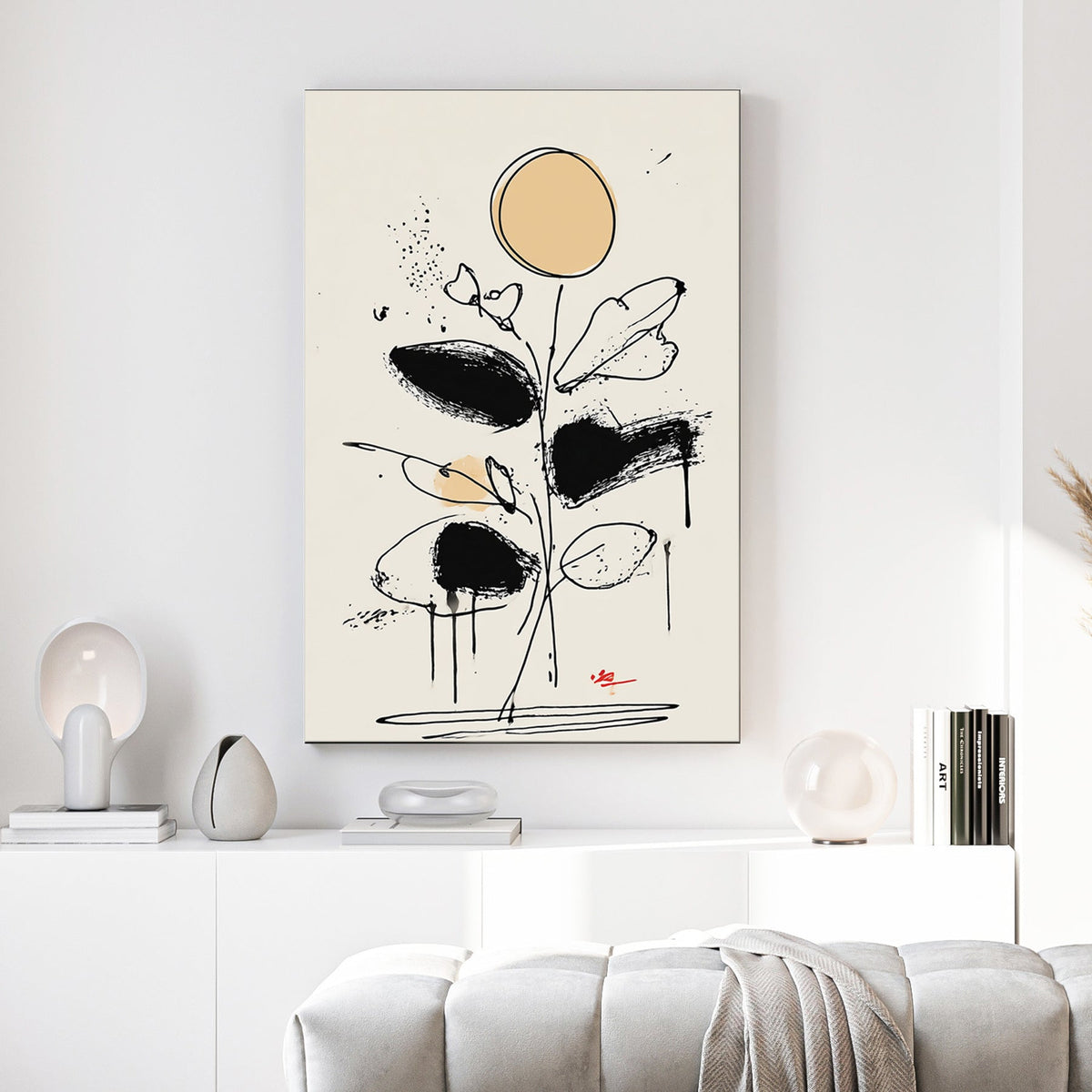 abstract floral line drawing wall art with black brushstrokes and beige accents