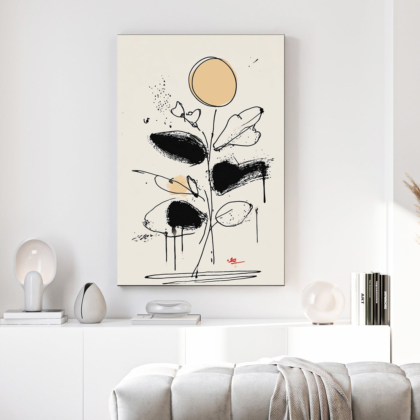 abstract floral line drawing wall art with black brushstrokes and beige accents