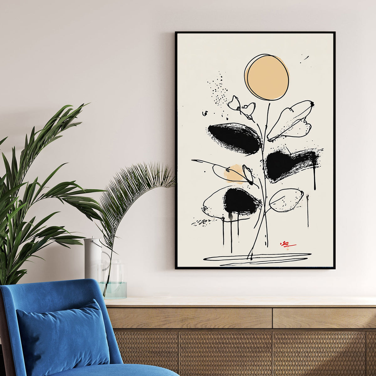abstract floral line drawing wall art with black brushstrokes and beige accents