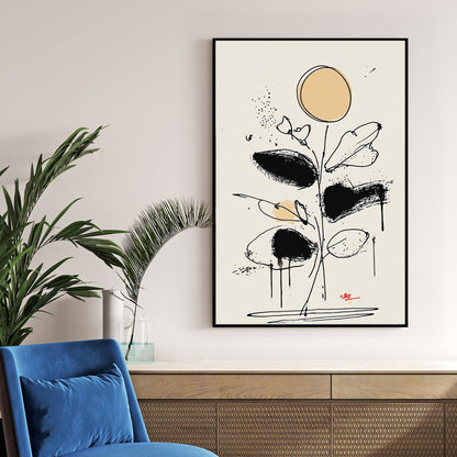 abstract floral line drawing wall art with black brushstrokes and beige accents