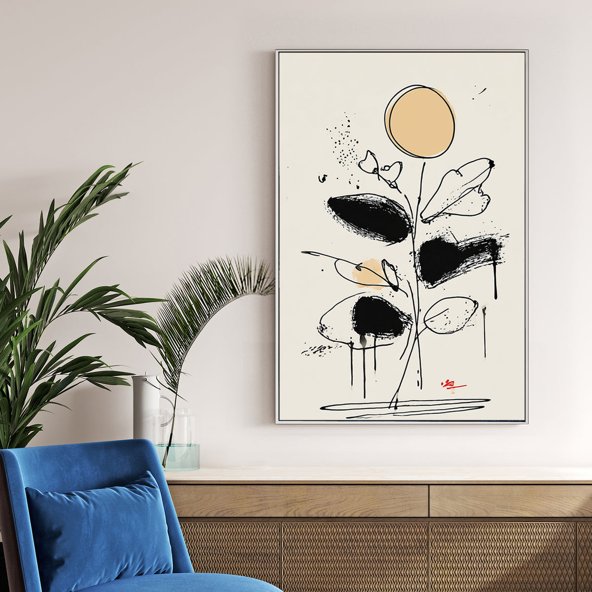 abstract floral line drawing wall art with black brushstrokes and beige accents