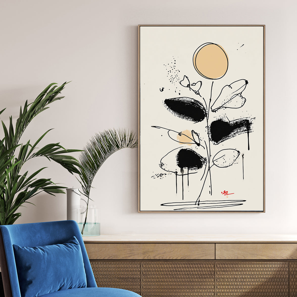 abstract floral line drawing wall art with black brushstrokes and beige accents