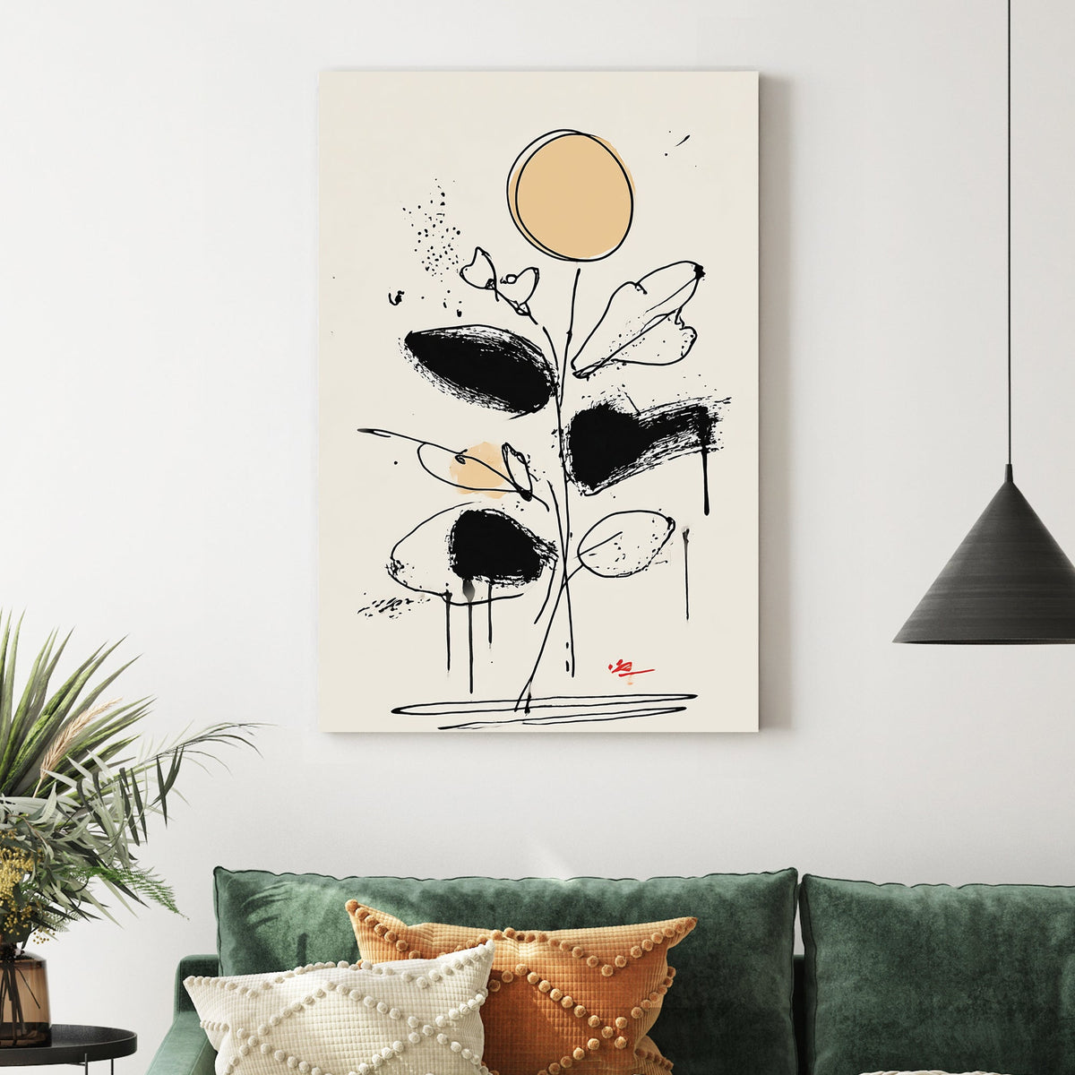 abstract floral line drawing wall art with black brushstrokes and beige accents