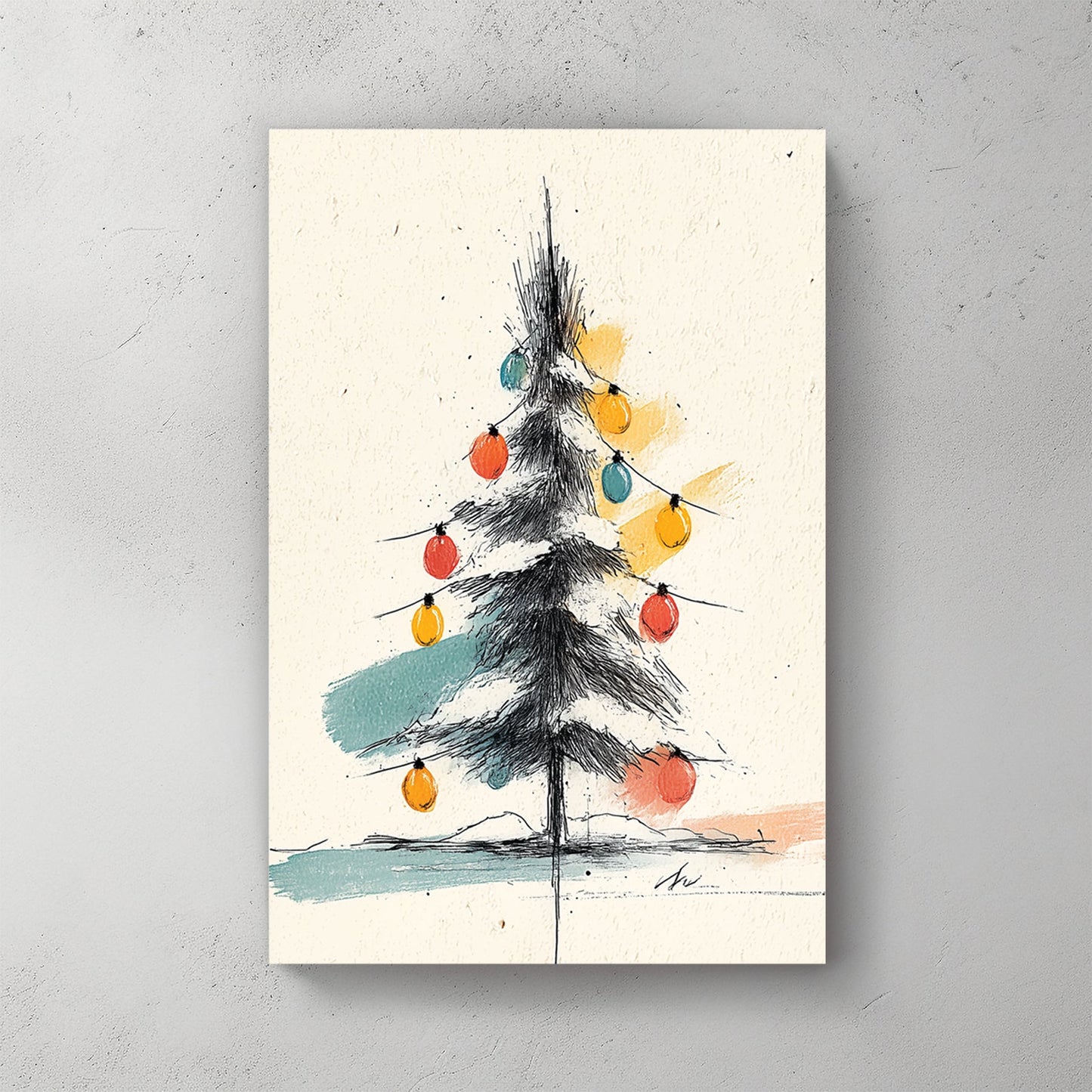 minimalist Christmas tree sketch wall art with colourful ornaments and ink line drawing