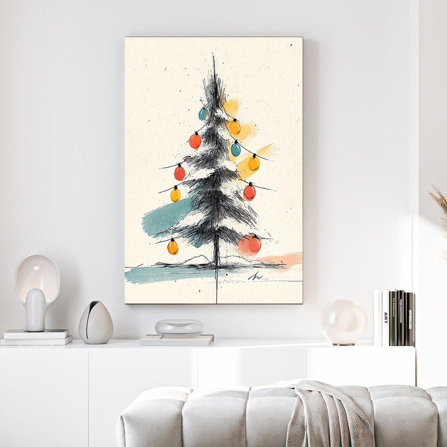 minimalist Christmas tree sketch wall art with colourful ornaments and ink line drawing