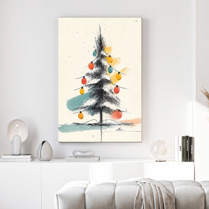 minimalist Christmas tree sketch wall art with colourful ornaments and ink line drawing