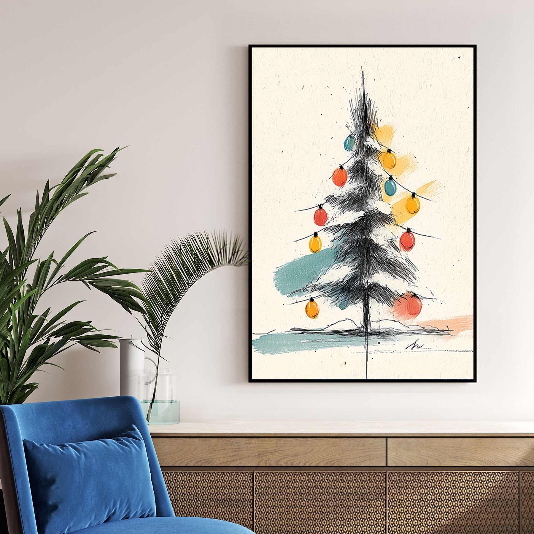minimalist Christmas tree sketch wall art with colourful ornaments and ink line drawing