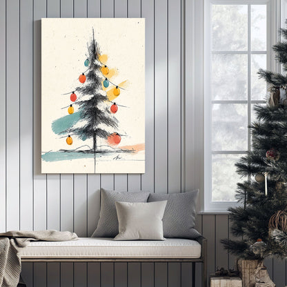 minimalist Christmas tree sketch wall art with colourful ornaments and ink line drawing