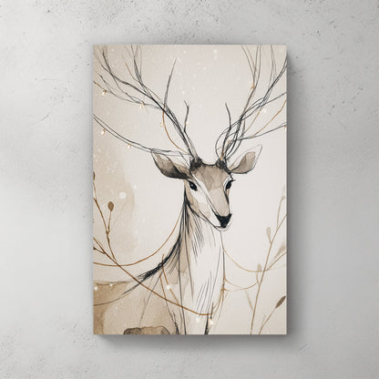 elegant deer illustration wall art with golden string lights and soft neutral watercolour background