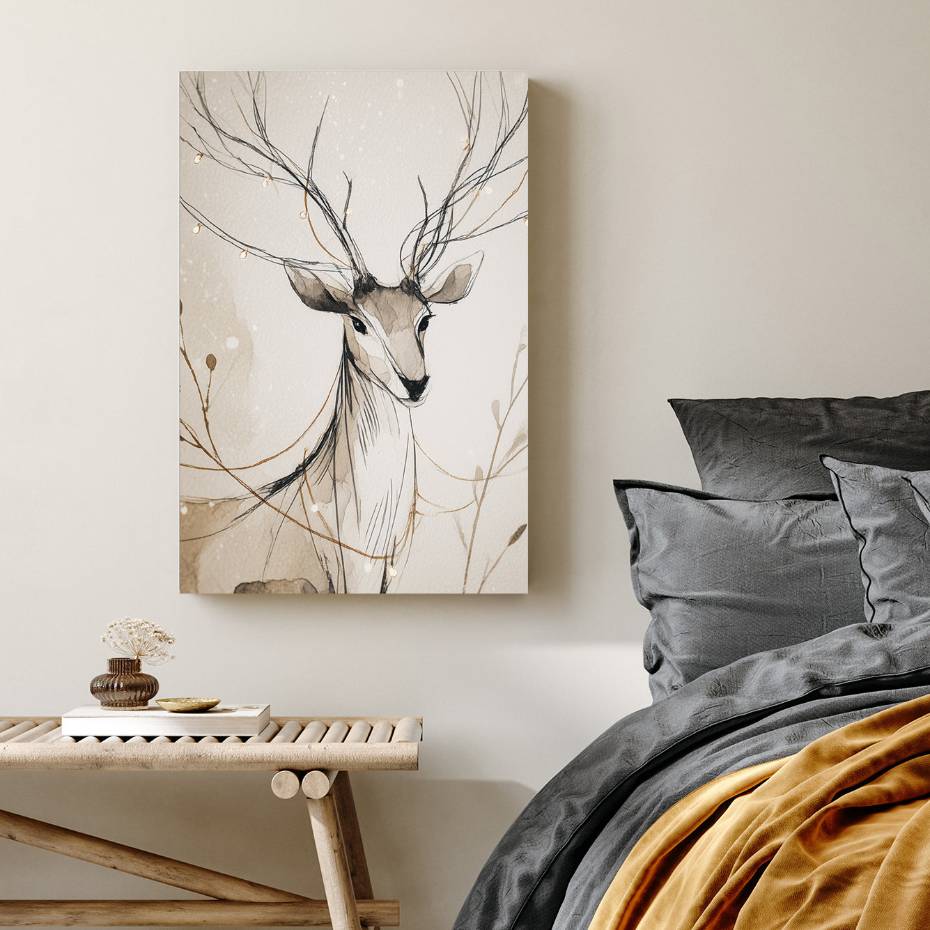 elegant deer illustration wall art with golden string lights and soft neutral watercolour background