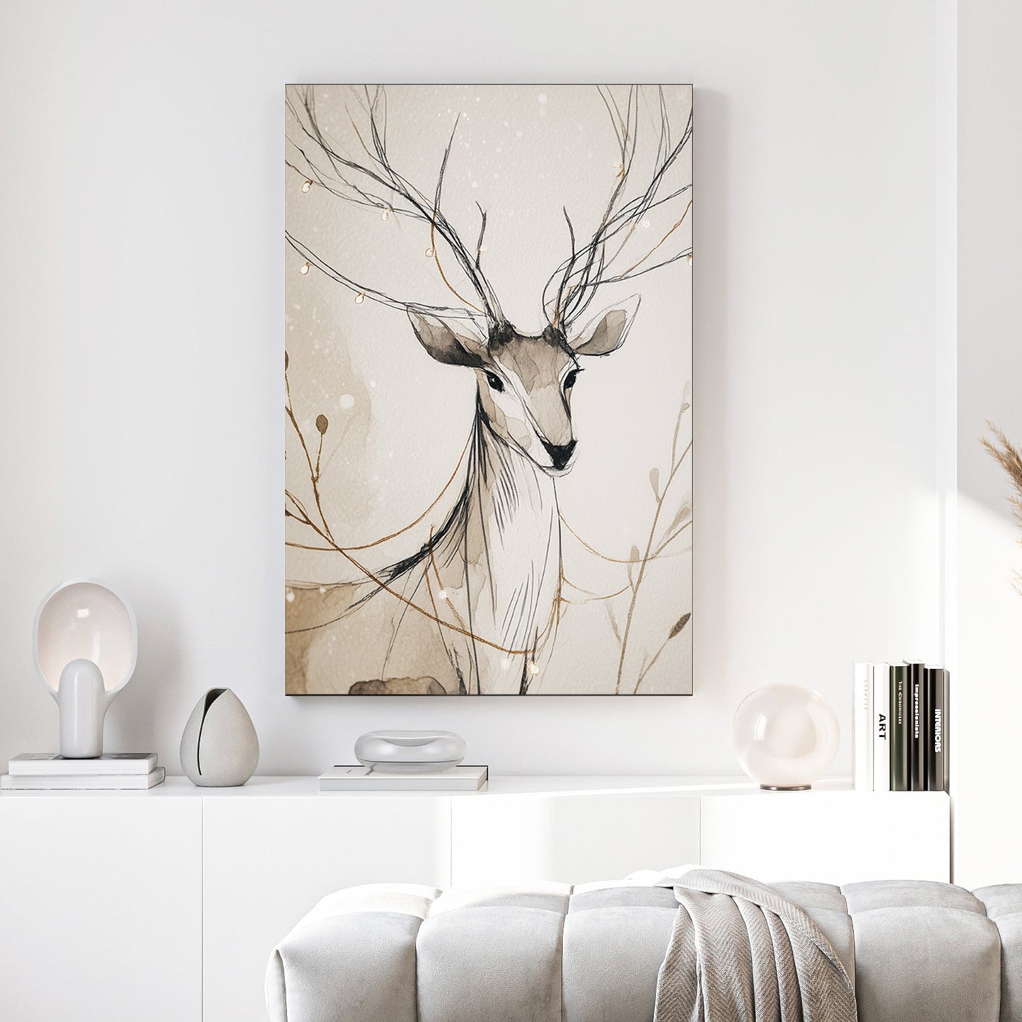 elegant deer illustration wall art with golden string lights and soft neutral watercolour background